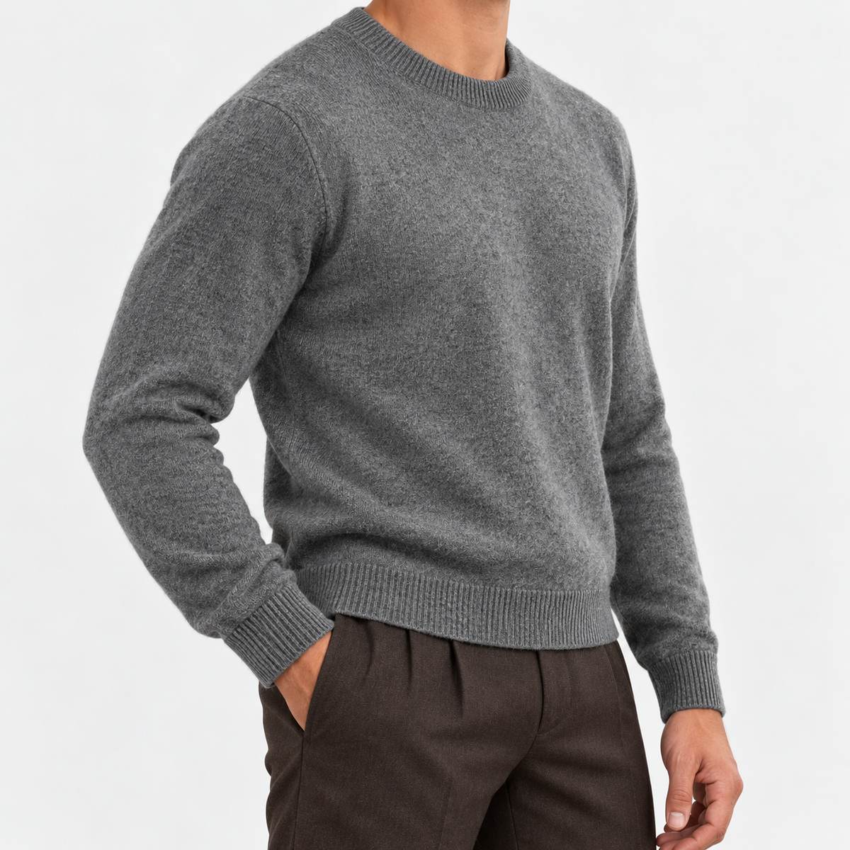 Fine knit wool crew neck sweater in dark gray, side view on a model