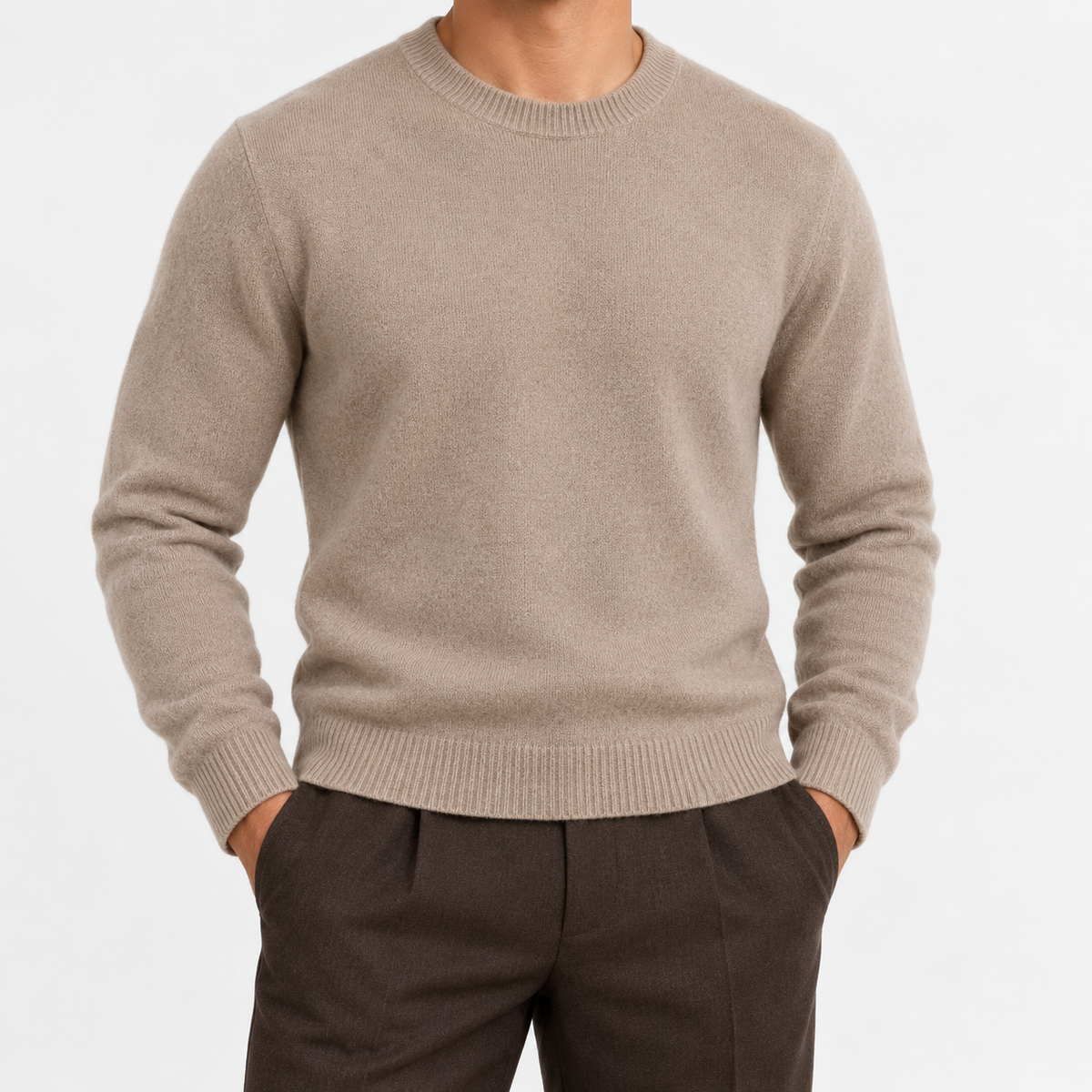 Fine knit wool crew neck sweater in taupe, front view on a model