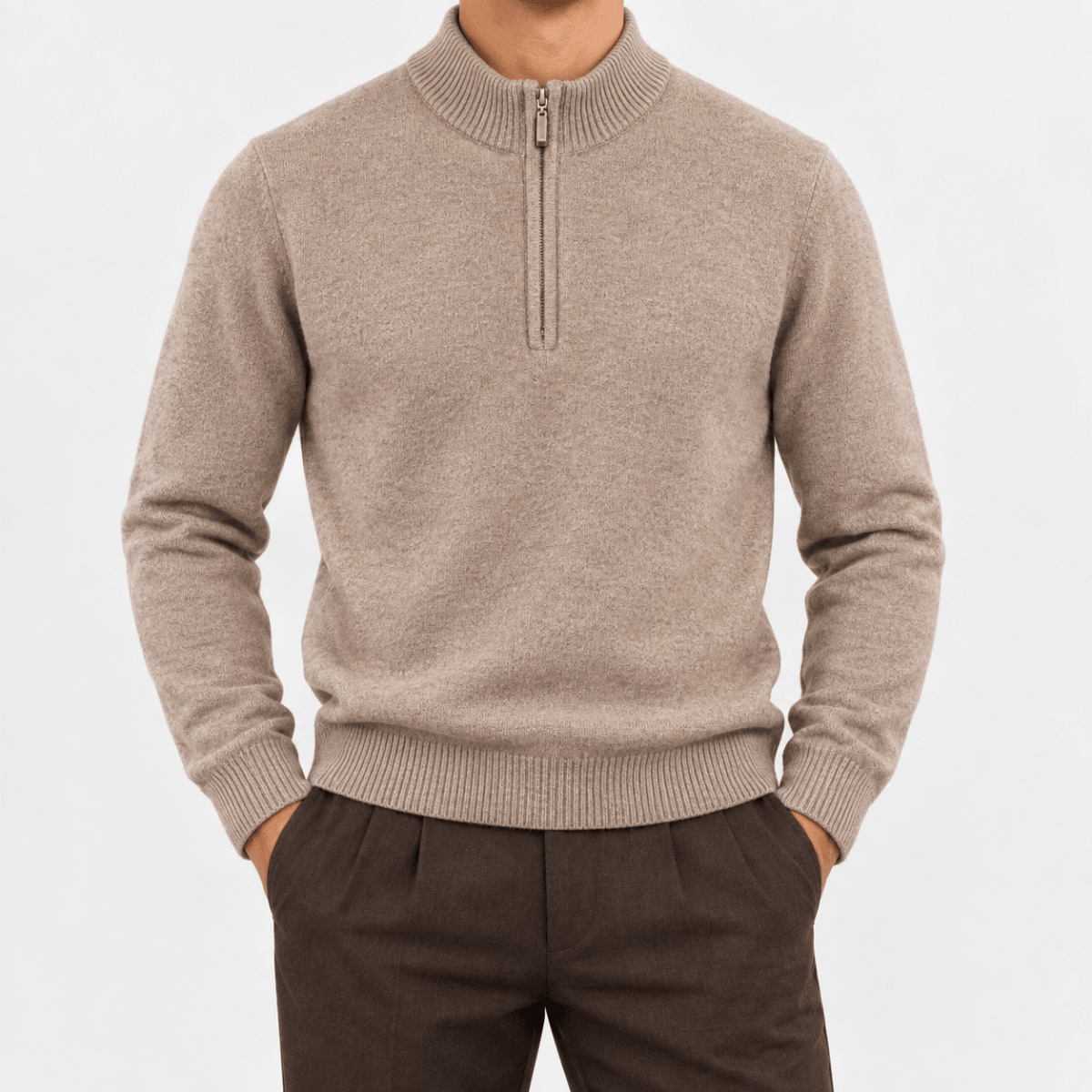 Fine knit wool quarter zip sweater - AntoniosClothing - Taupe
