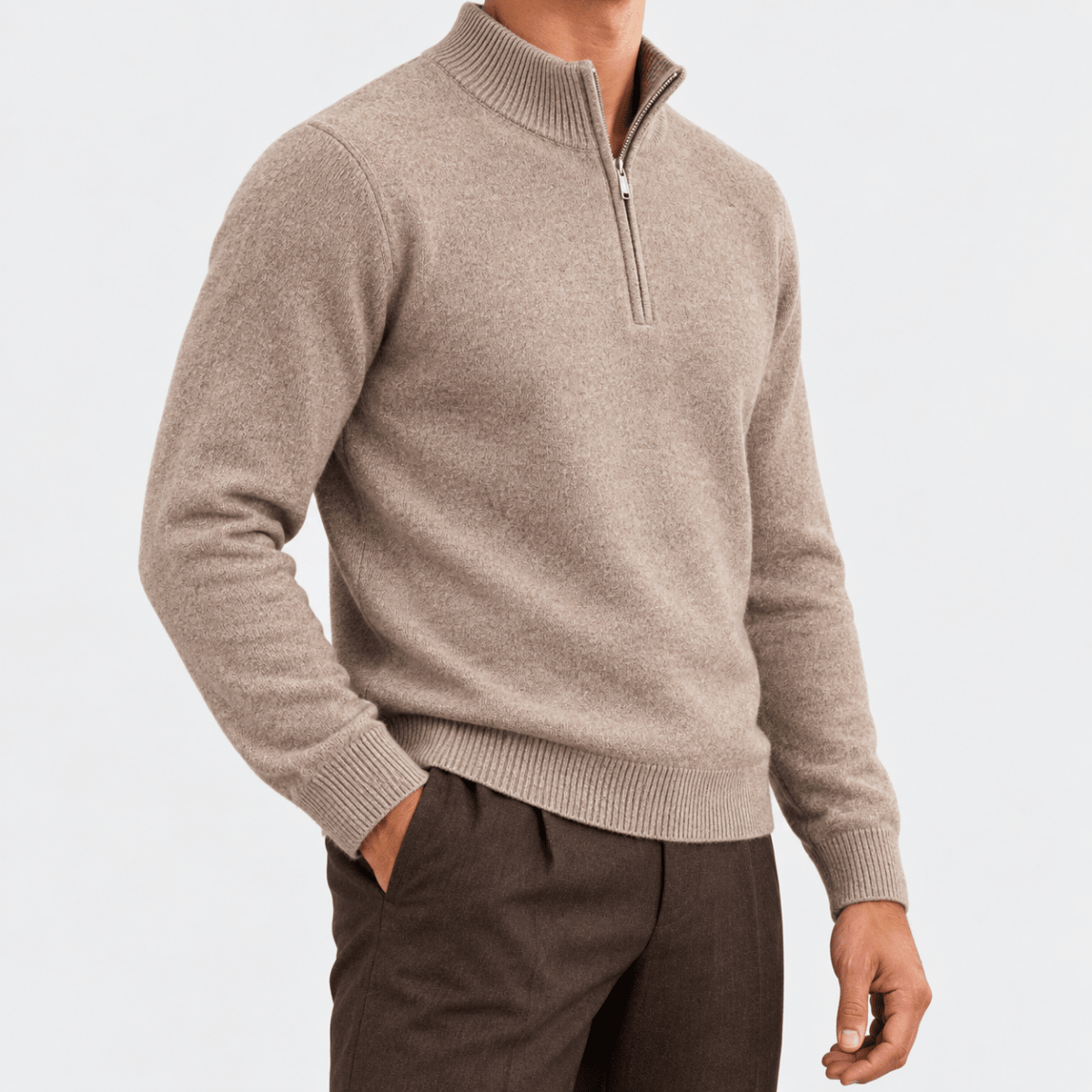 Fine knit wool quarter zip sweater - AntoniosClothing - Taupe