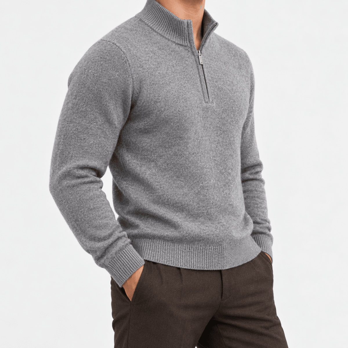 Fine knit wool quarter zip sweater - AntoniosClothing - Gray