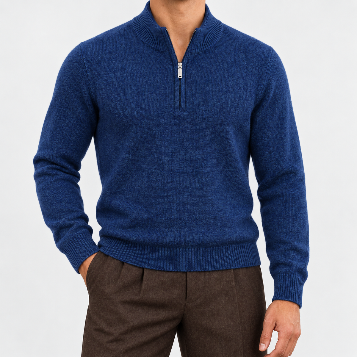 Fine knit wool quarter zip sweater in deep blue, front view on a model