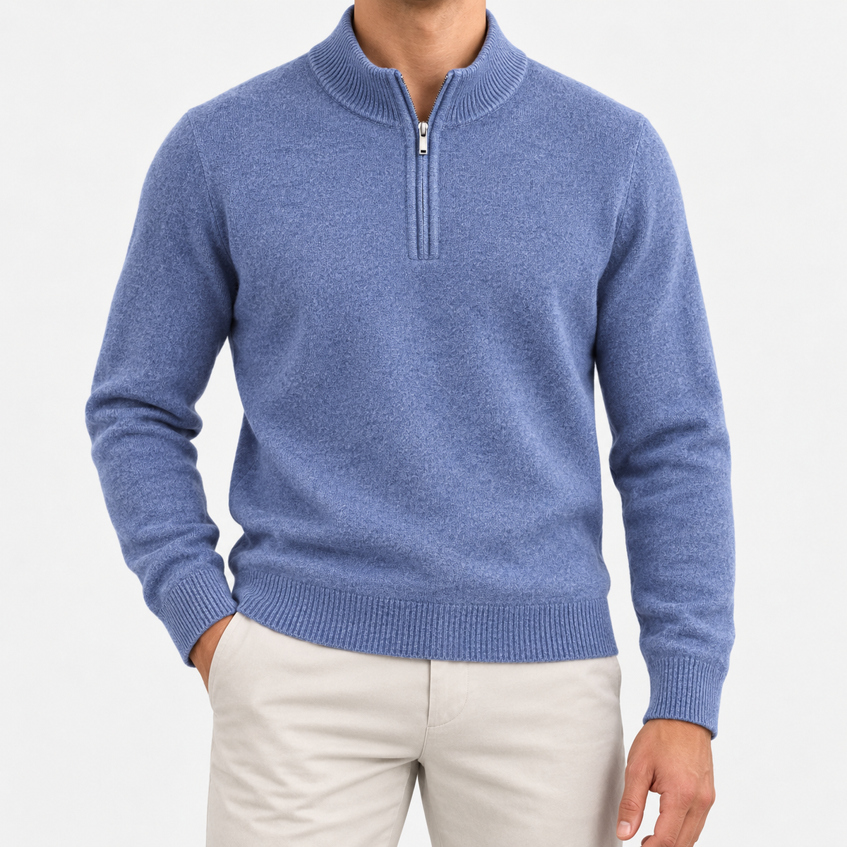 Fine knit wool quarter zip sweater in dusty blue, front view on a model