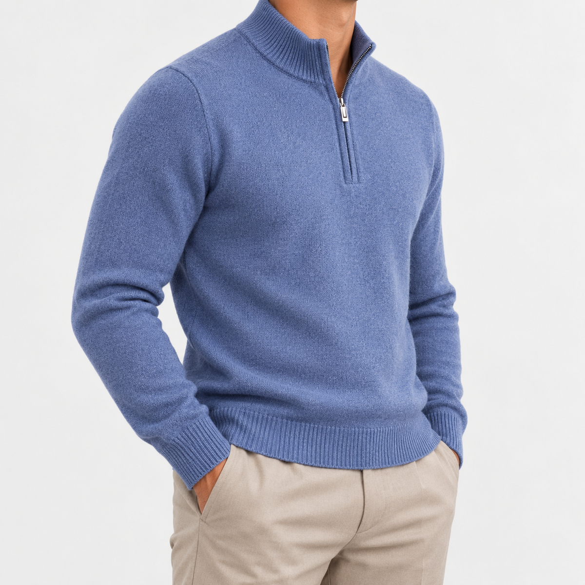 Fine knit wool quarter zip sweater in dusty blue, side view on a model