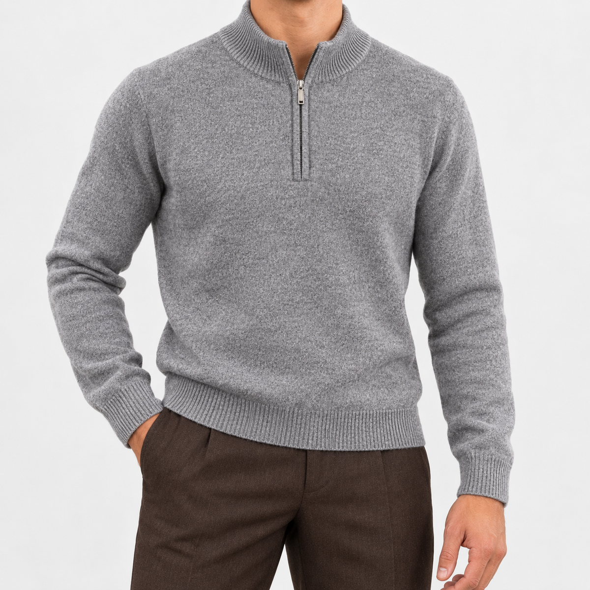 Fine knit wool quarter zip sweater in gray, front view on a model