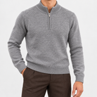Fine knit wool quarter zip sweater in gray, front view on a model