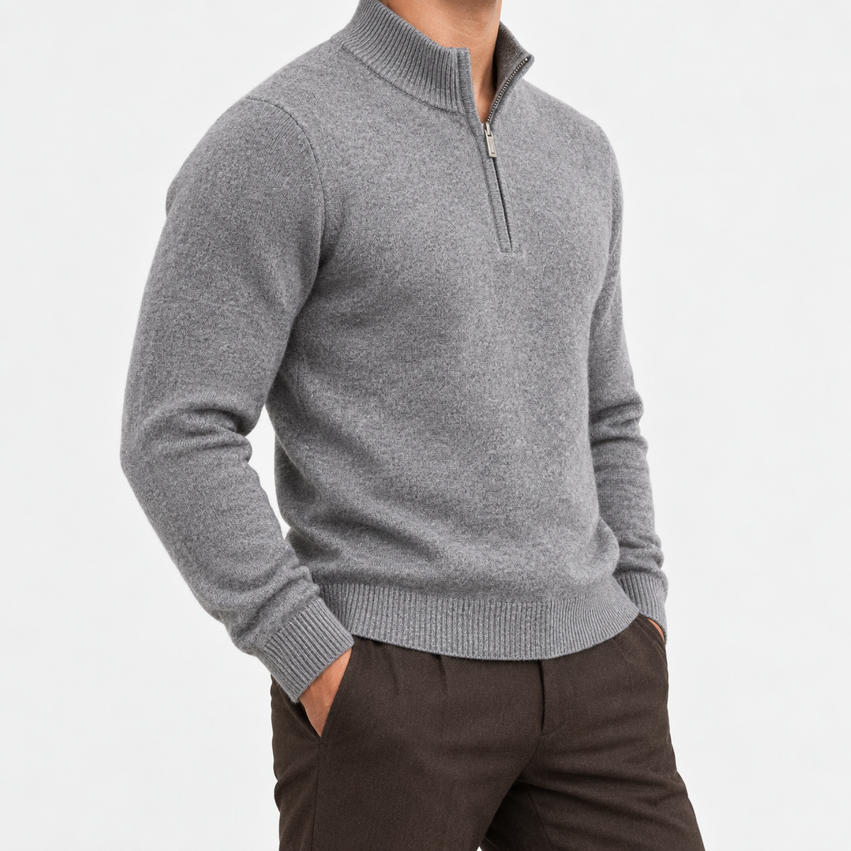 Fine knit wool quarter zip sweater in gray, side view on a model