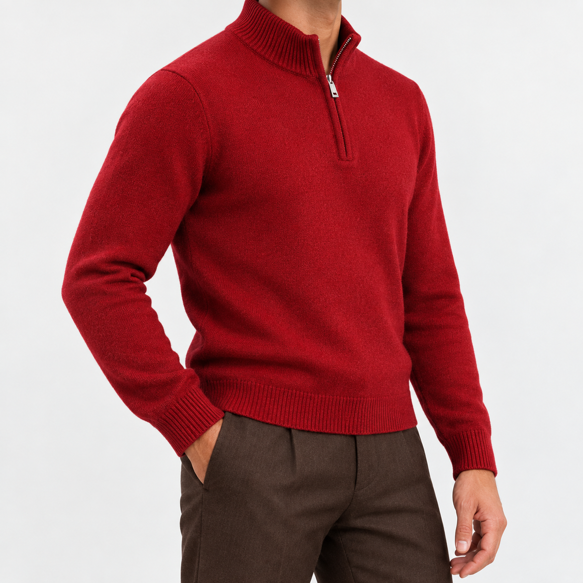 Fine knit wool quarter zip sweater in red, side view on a model