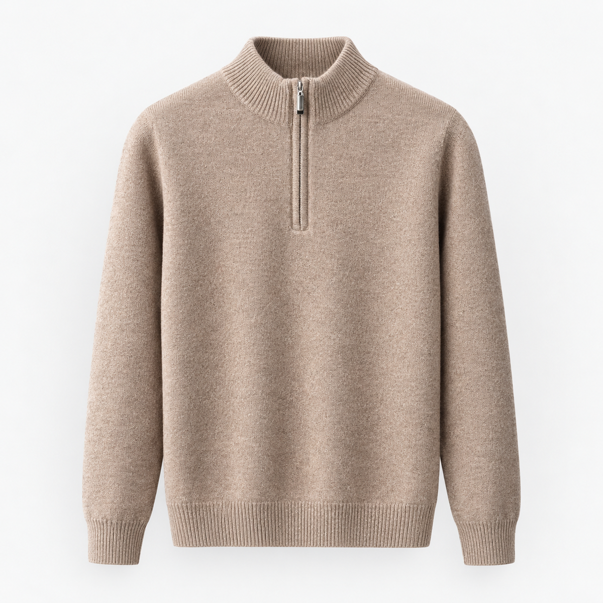 Fine knit wool quarter zip sweater in taupe, product cover