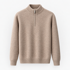 Fine knit wool quarter zip sweater in taupe, product cover