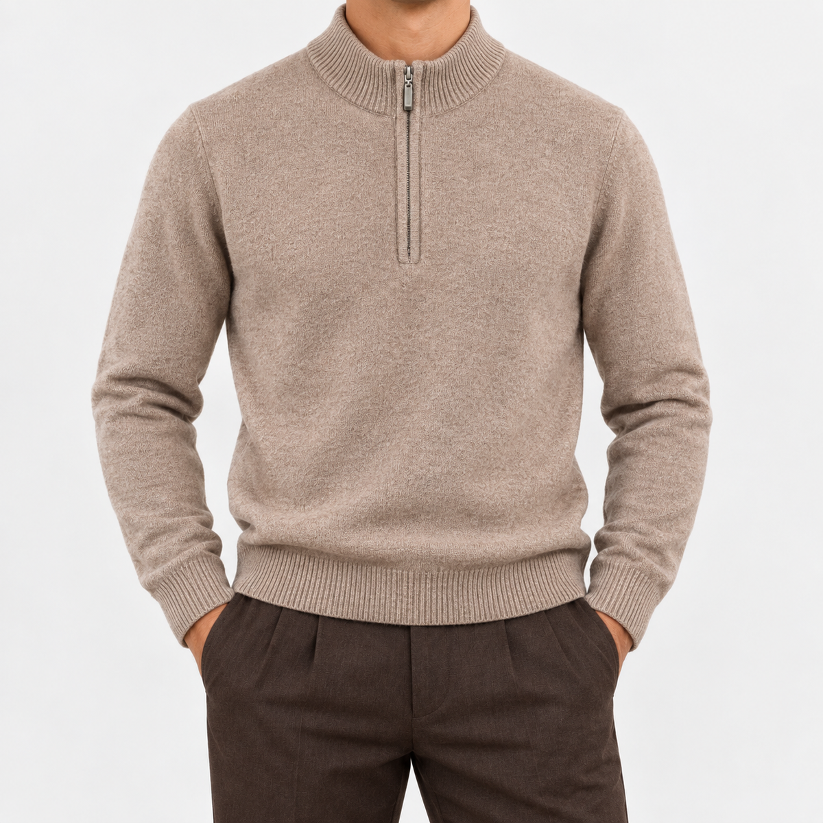 Fine knit wool quarter zip sweater in taupe, front view on a model