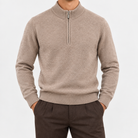 Fine knit wool quarter zip sweater in taupe, front view on a model