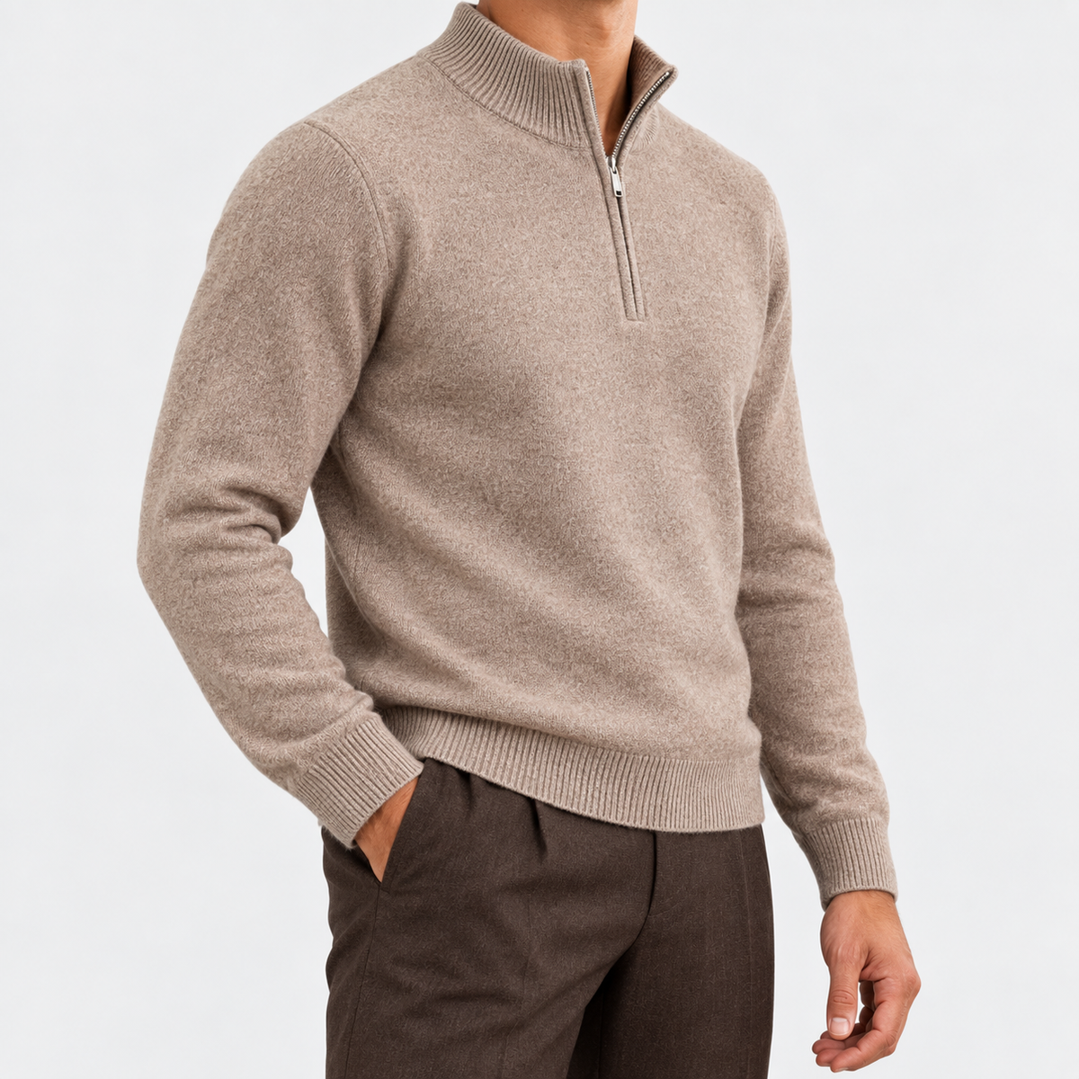 Fine knit wool quarter zip sweater in taupe, side view on a model