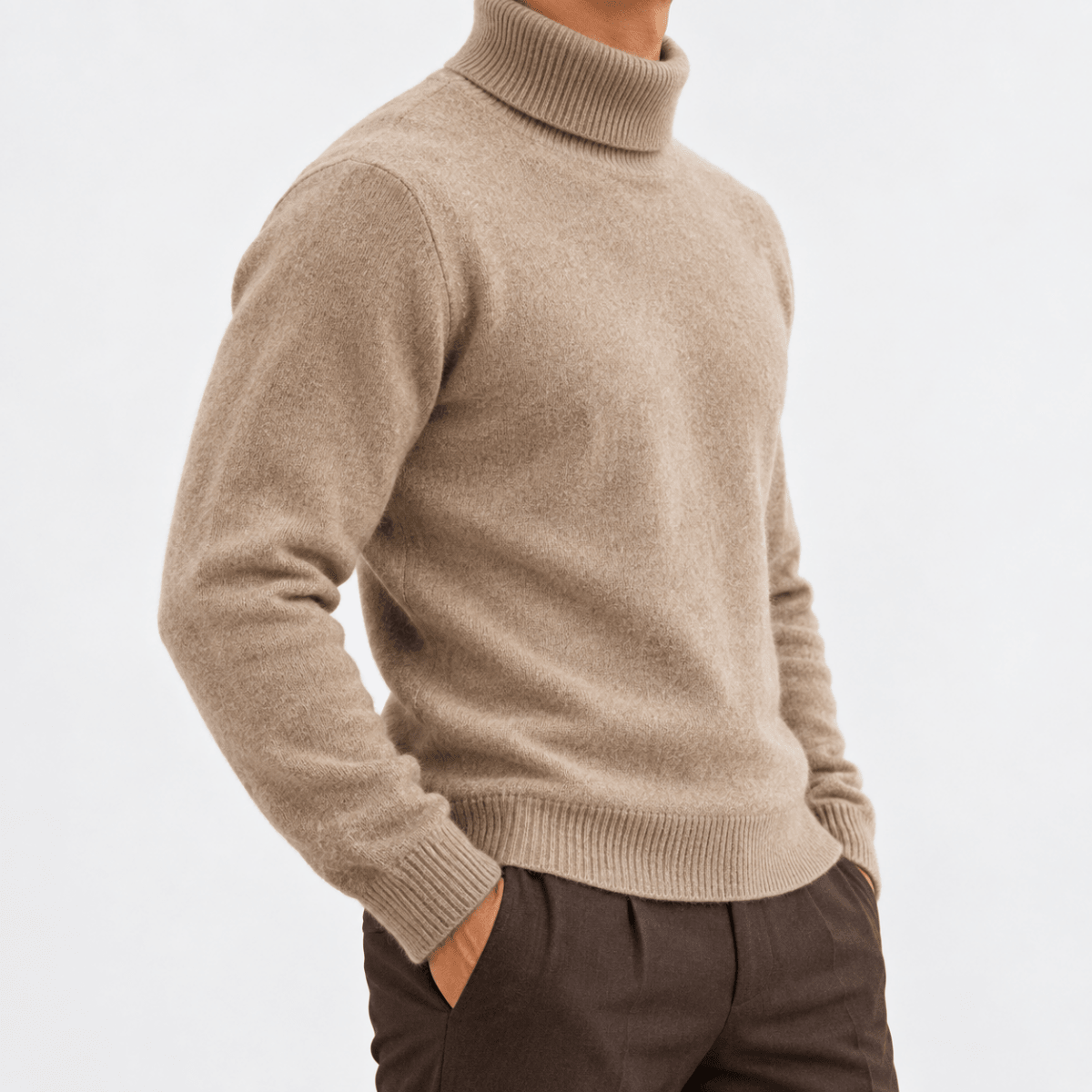 Fine knit wool turtleneck sweater - AntoniosClothing - Taupe