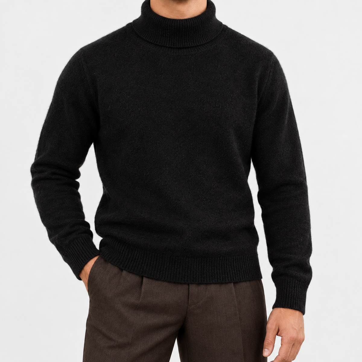 Fine knit wool turtleneck sweater in black, front view on a model