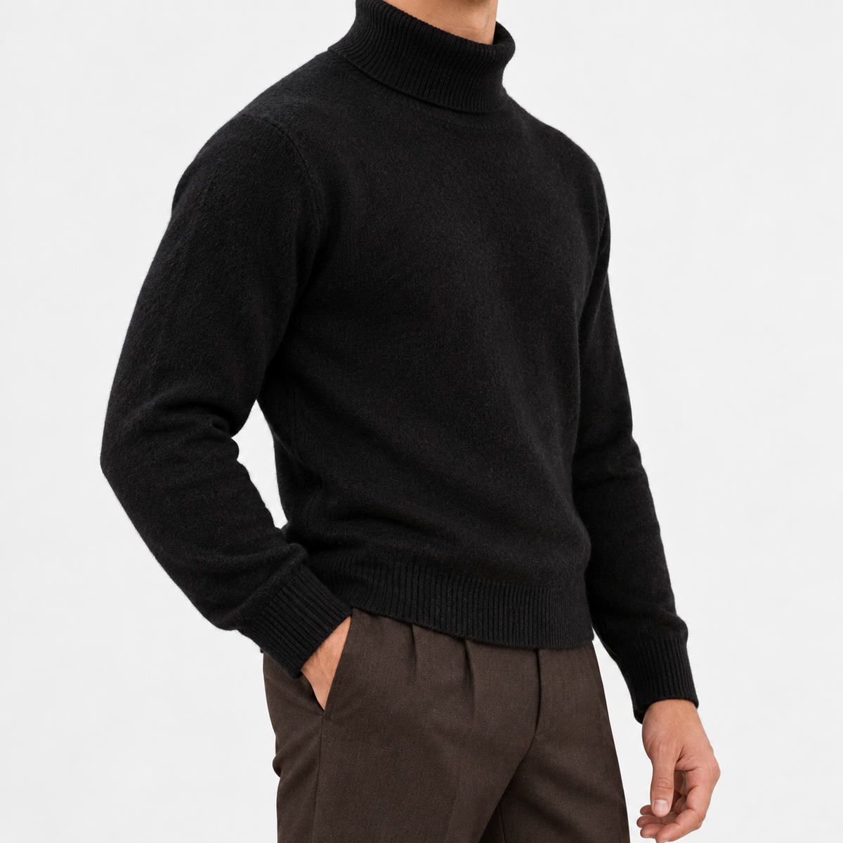 Fine knit wool turtleneck sweater in black, side view on a model