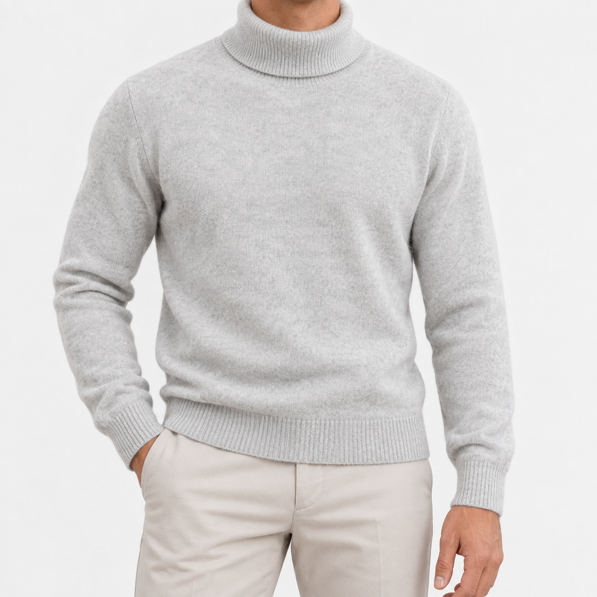 Fine knit wool turtleneck sweater in gray, front view on a model