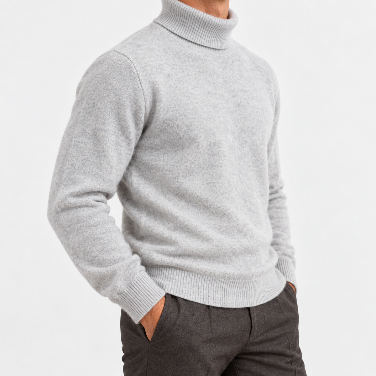 Fine knit wool turtleneck sweater in gray, side view on a model