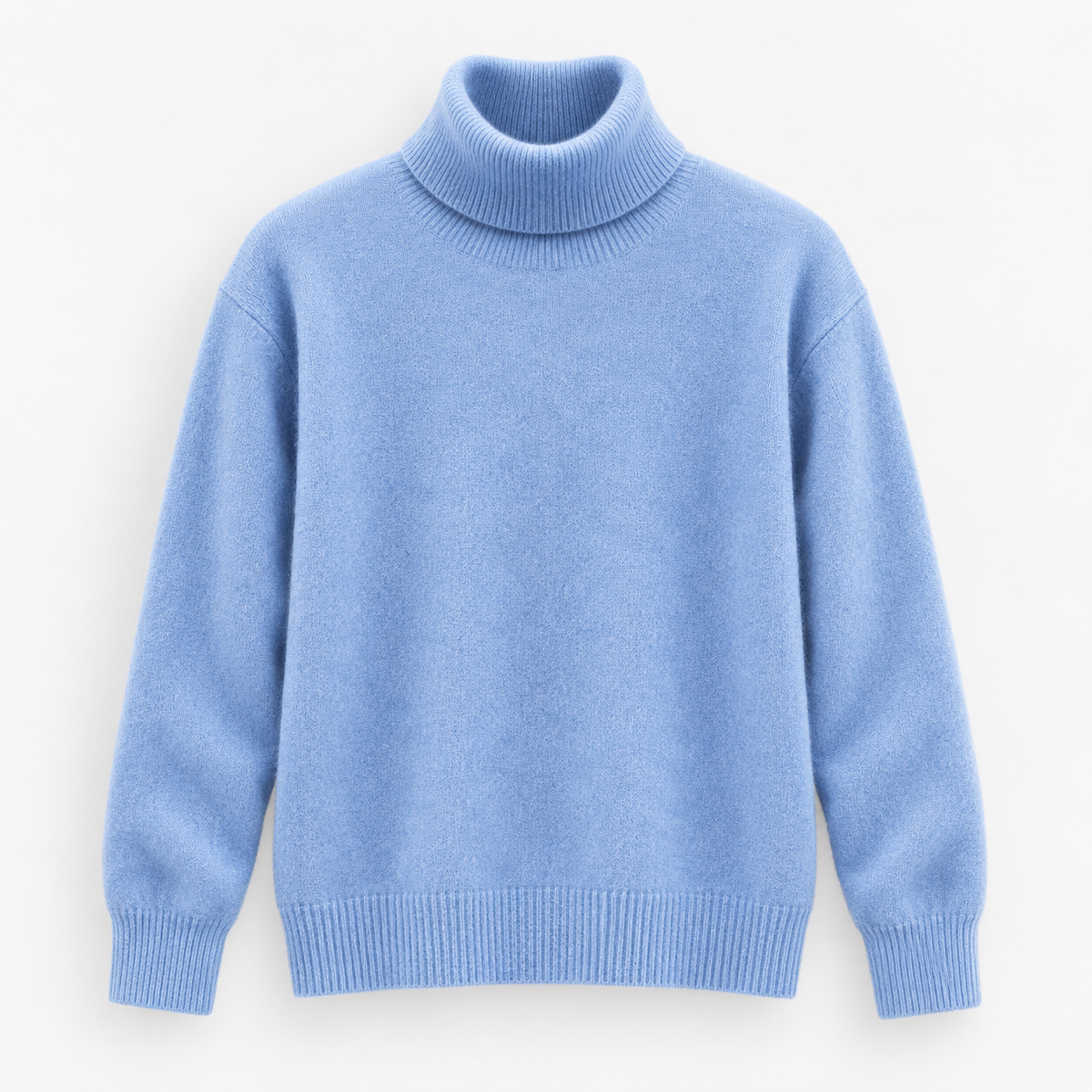 Fine knit wool turtleneck sweater in mist blue, product cover