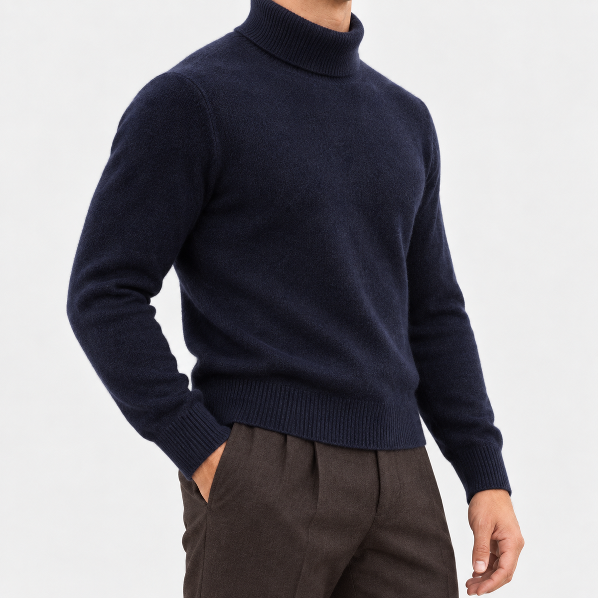 Fine knit wool turtleneck sweater in navy, side view on a model