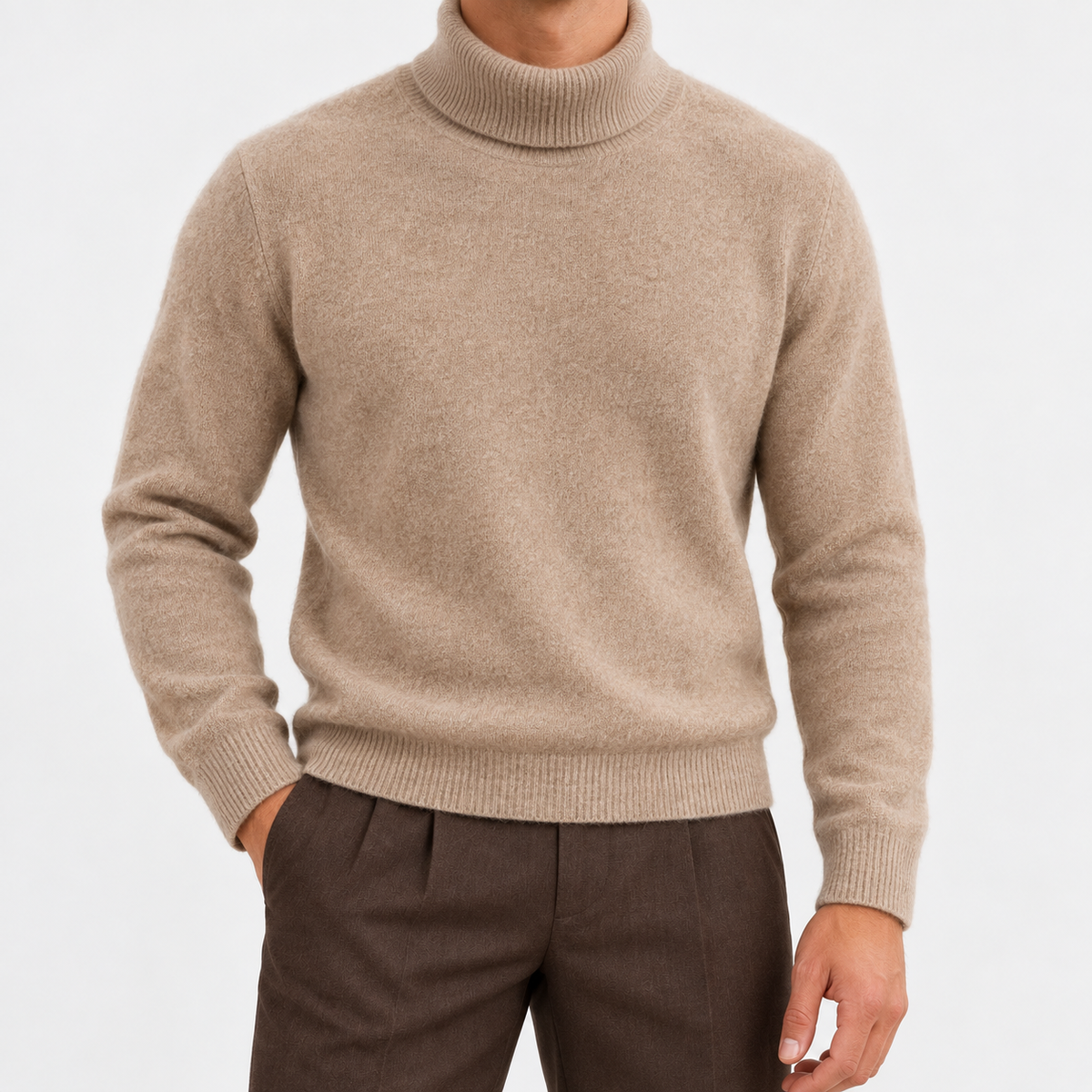 Fine knit wool turtleneck sweater in taupe, front view on a model