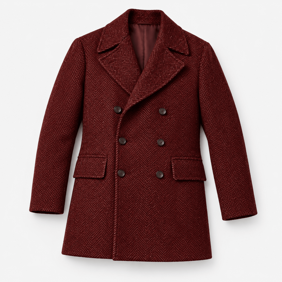 Herringbone double breasted coat with wide lapels - AntoniosClothing - Burgundy