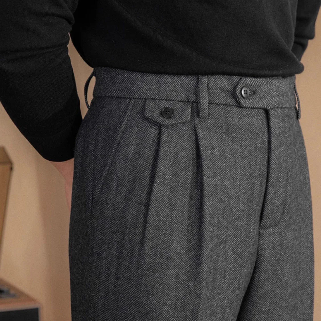 Italian wool herringbone pattern straight pants - Antonios