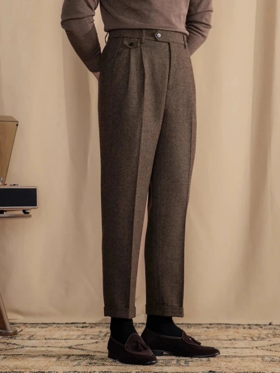 Italian wool herringbone pattern straight pants - Antonios
