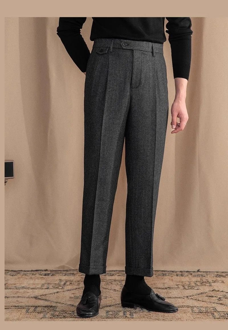 Italian wool herringbone pattern straight pants - Antonios