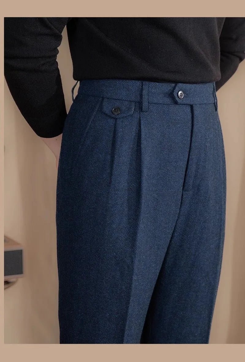 Italian wool herringbone pattern straight pants - Antonios