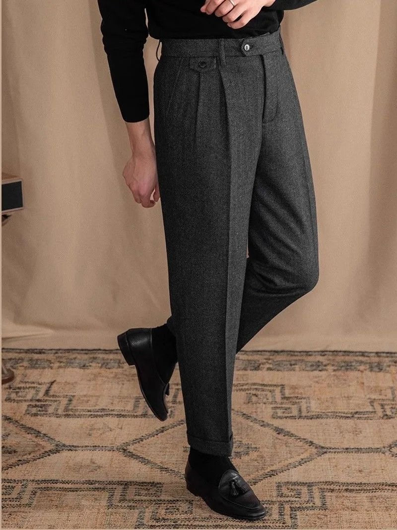 Italian wool herringbone pattern straight pants - Antonios