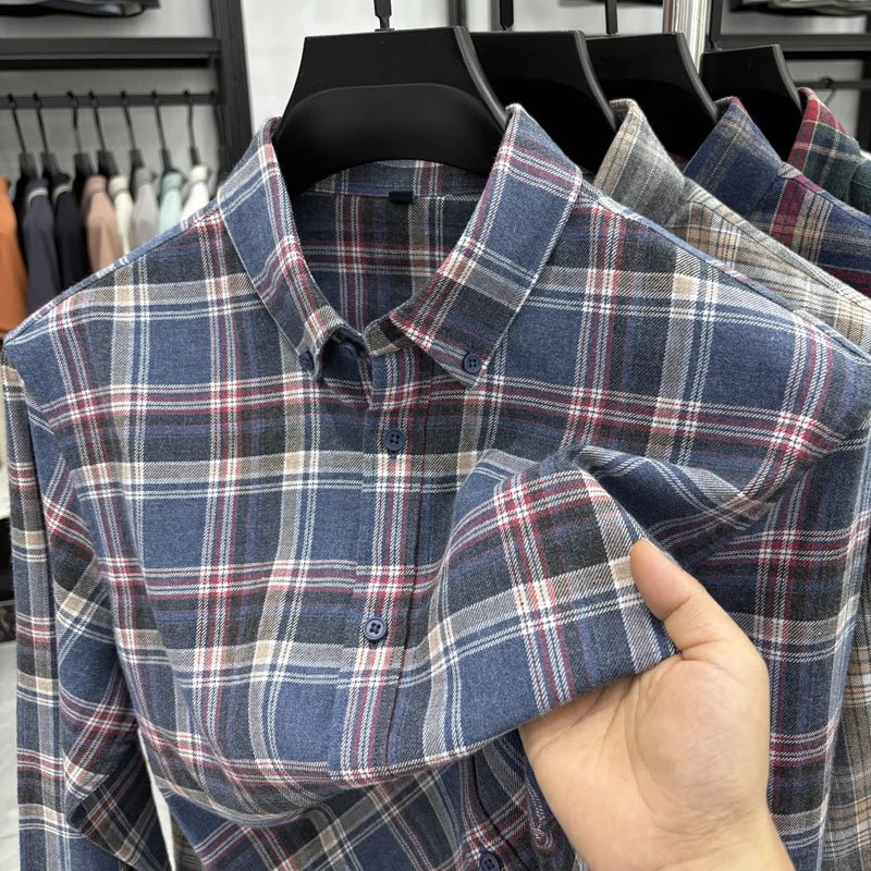 Lapel cotton plaid pattern long sleeve shirt - Antonios