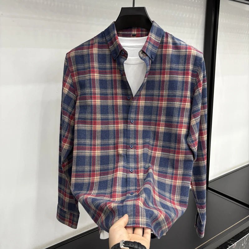 Lapel cotton plaid pattern long sleeve shirt - Antonios