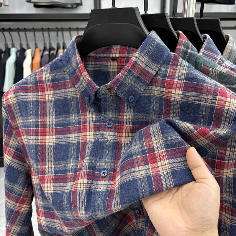 Lapel cotton plaid pattern long sleeve shirt - Antonios
