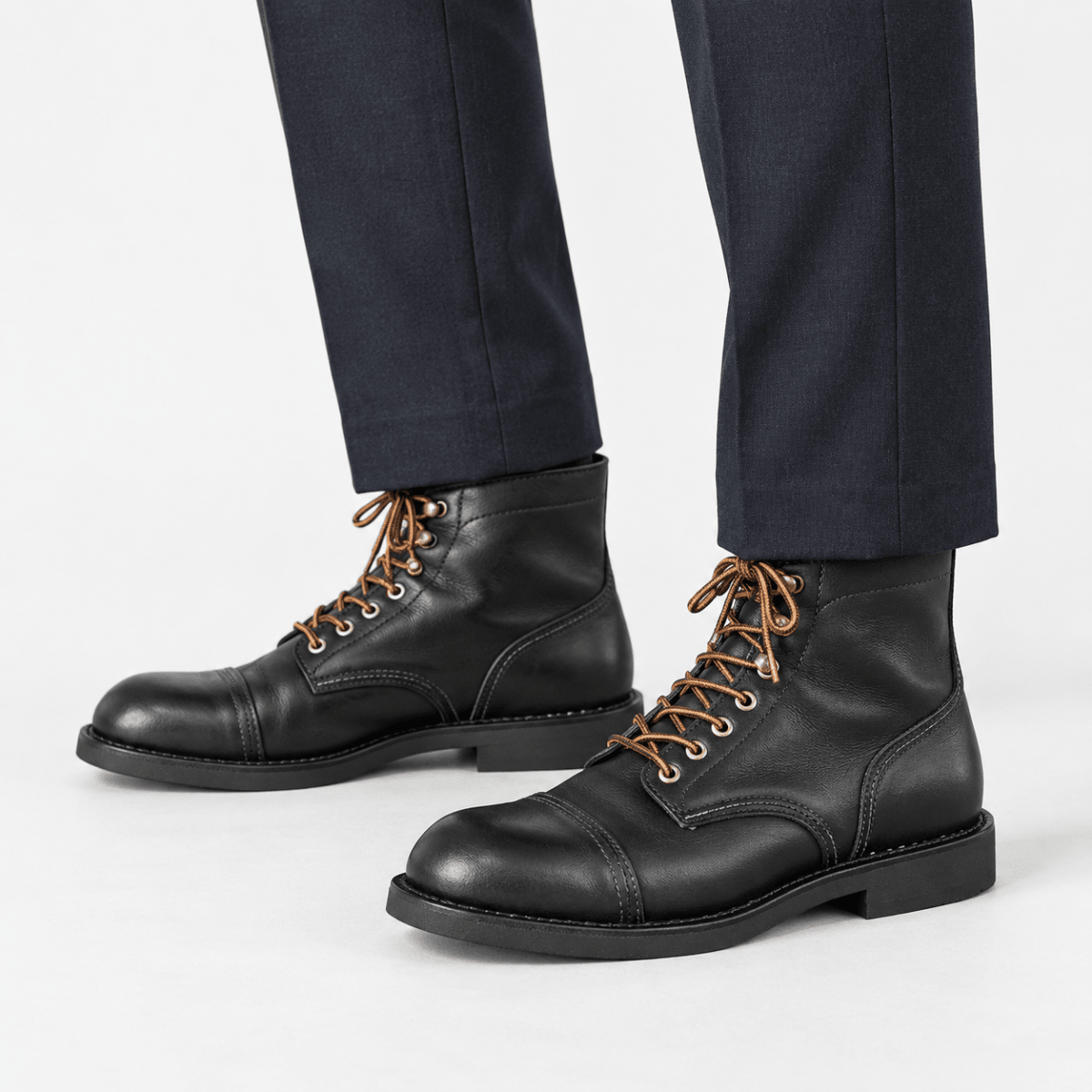 Leather cap toe lace up boots - AntoniosClothing - Black