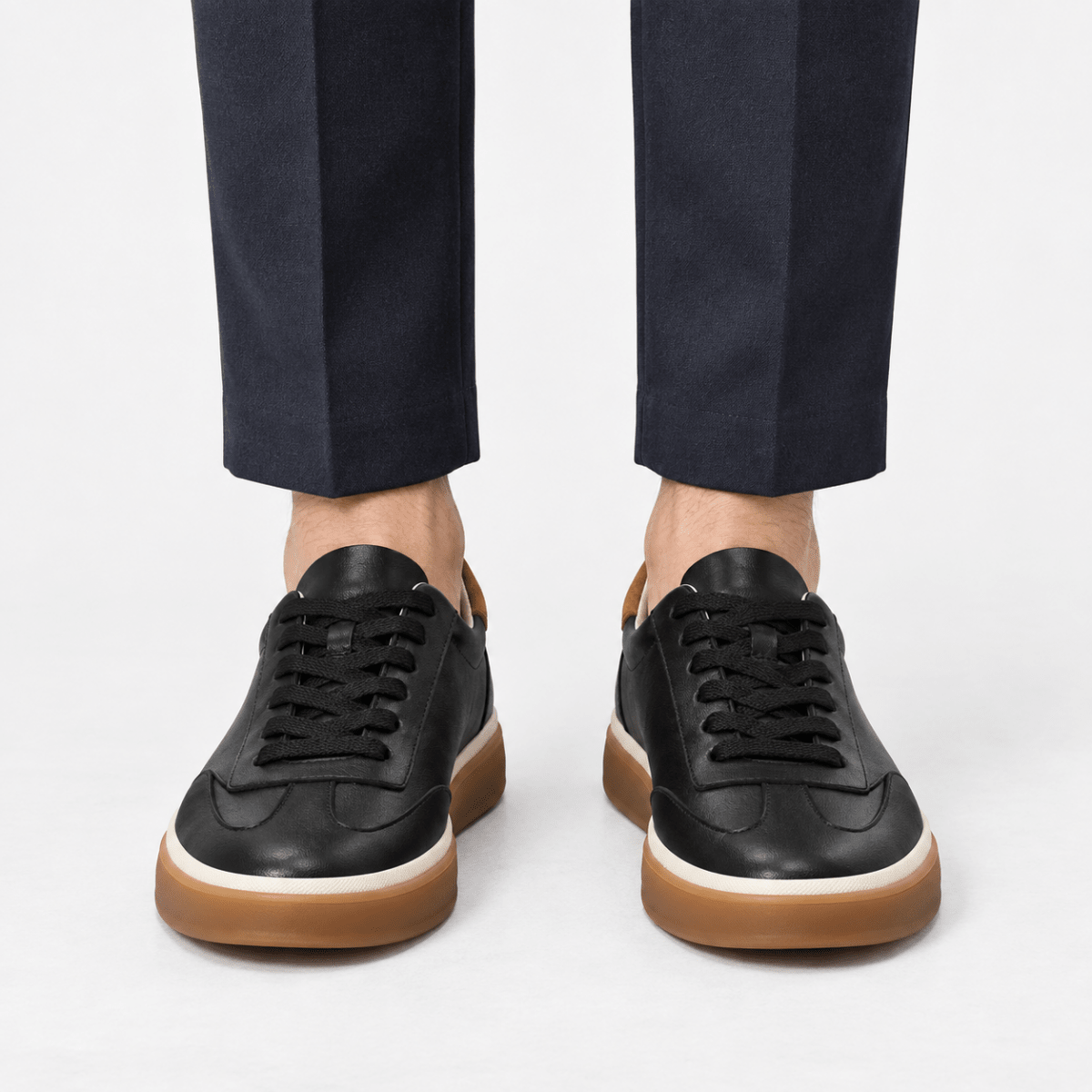 Leather court sneakers with gum soles - AntoniosClothing - Black