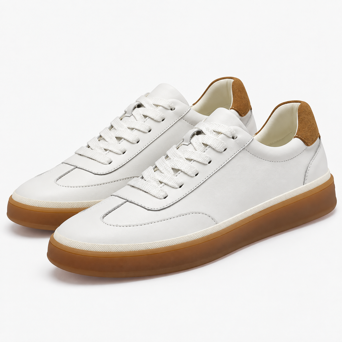 Leather court sneakers with gum soles in white, product cover