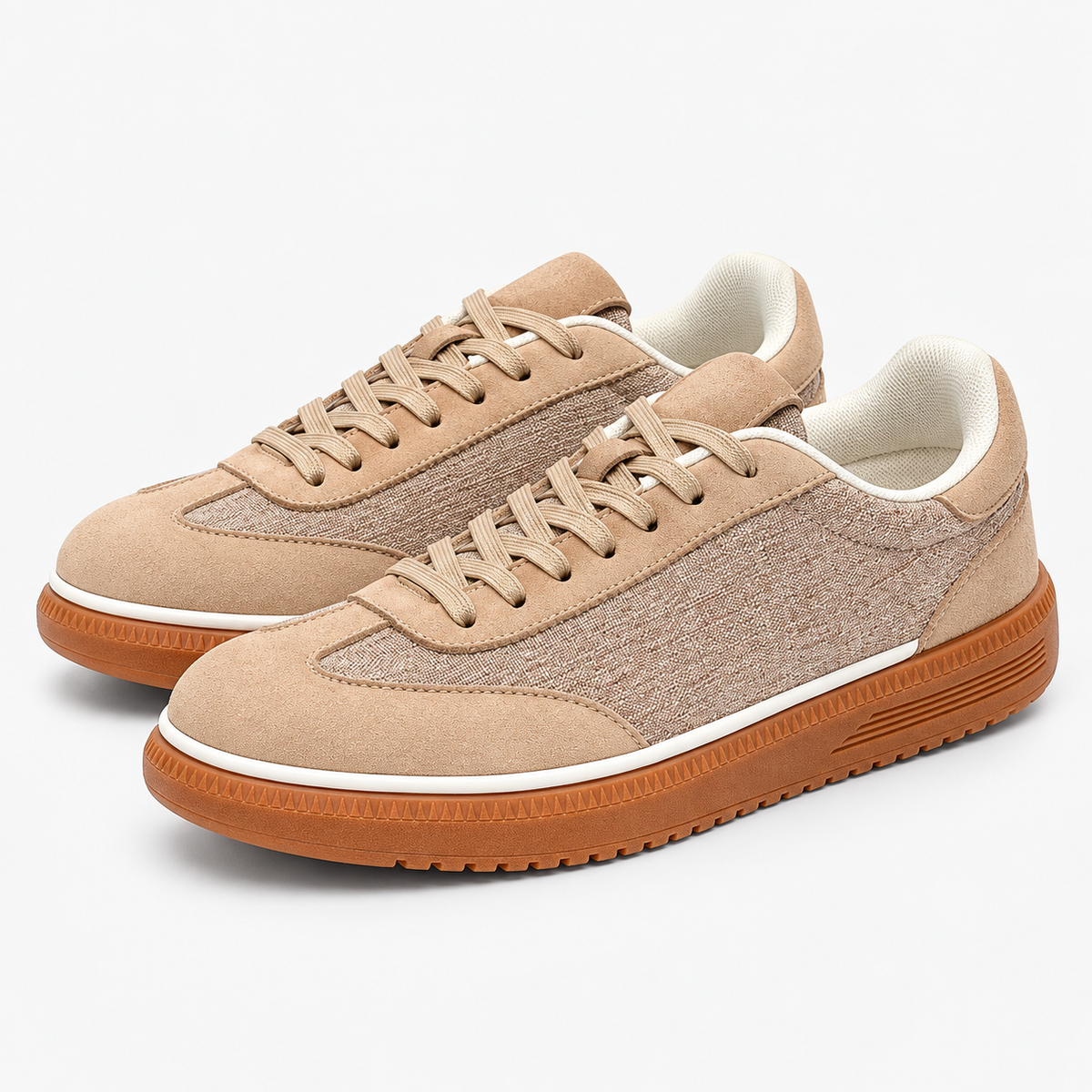 Leather low top sneakers with chunky gum soles in sand, product cover