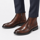 Leather wingtip boots with side zips - AntoniosClothing - Coffee