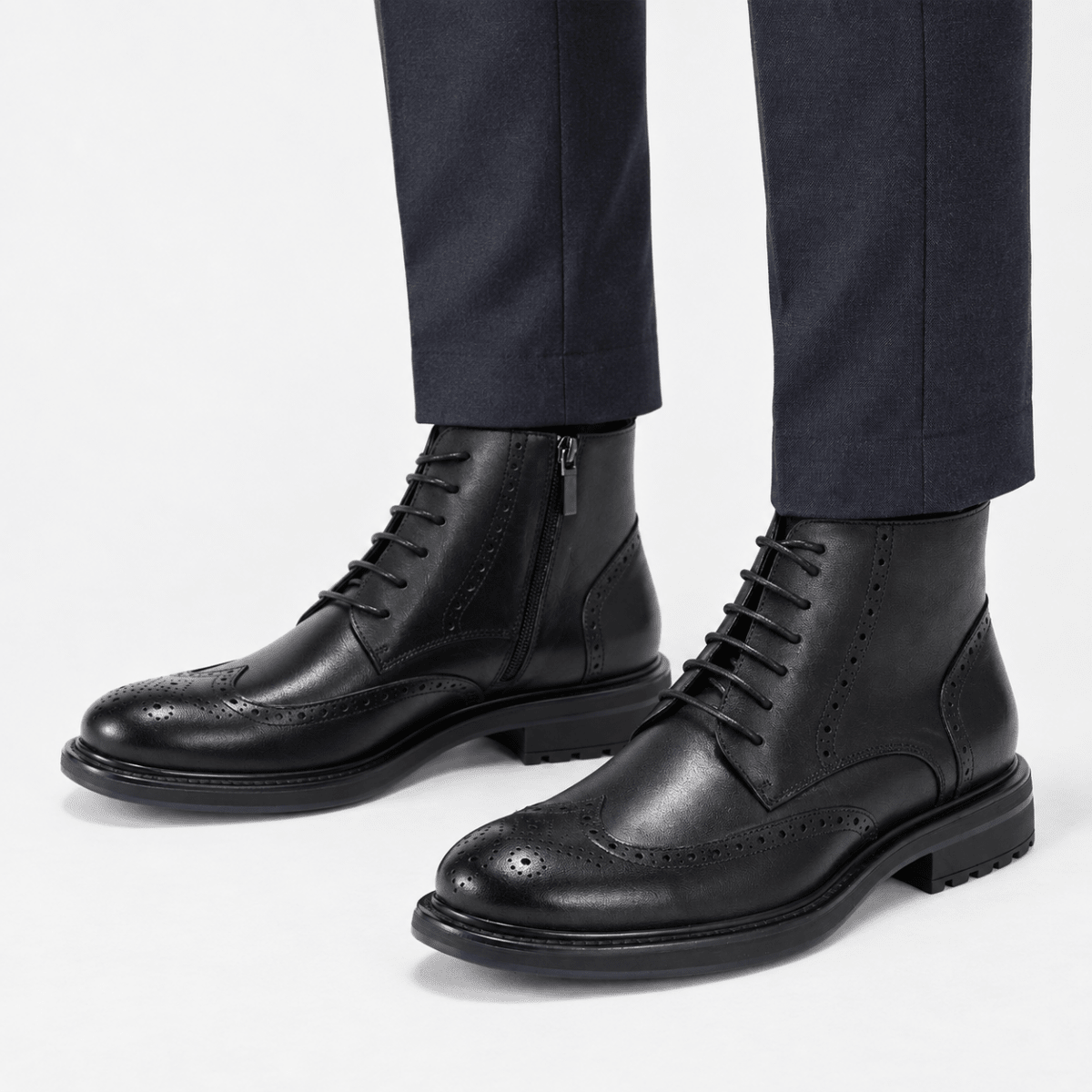 Leather wingtip boots with side zips - AntoniosClothing - Black