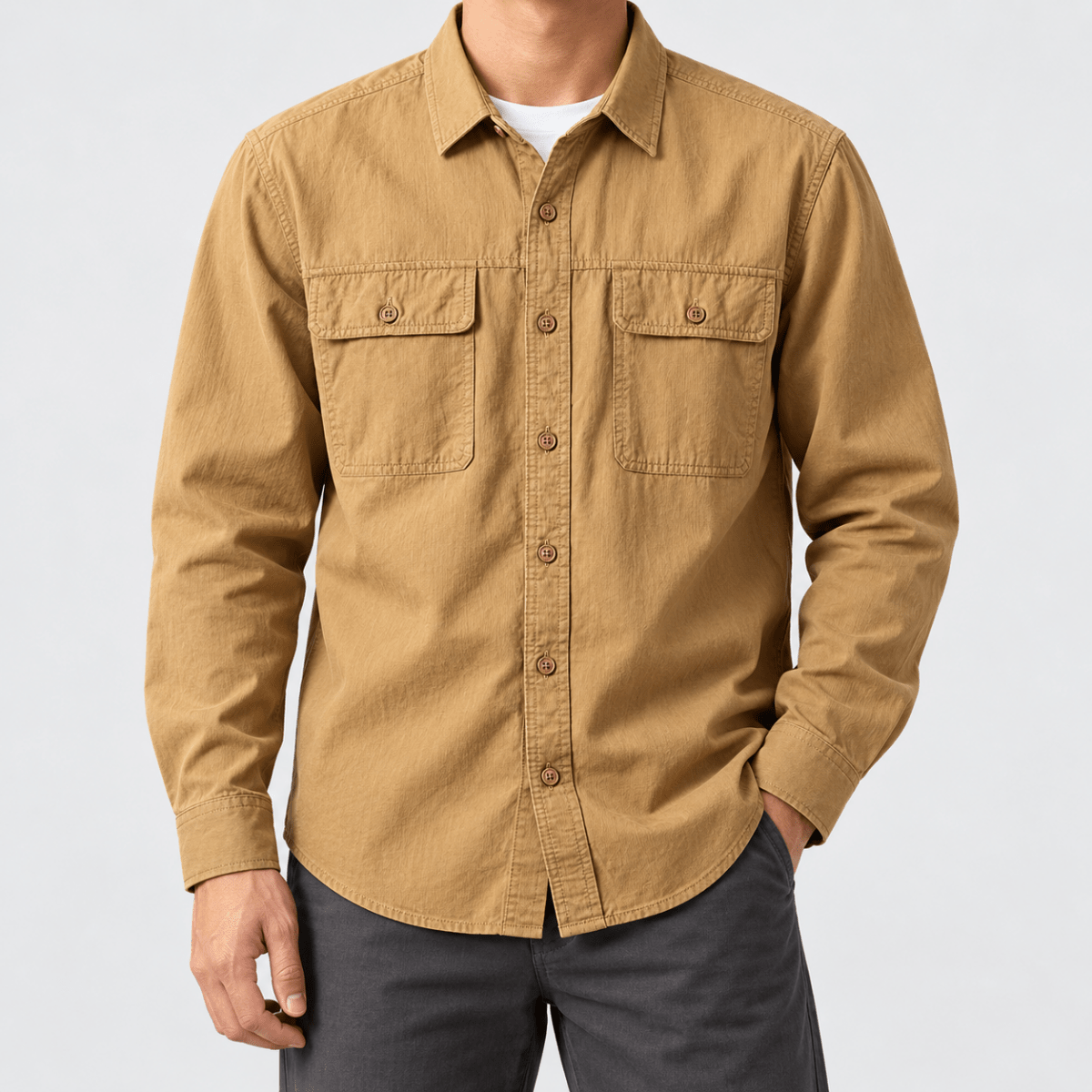 Leo 100% cotton retro utility shirt - AntoniosClothing - Khaki