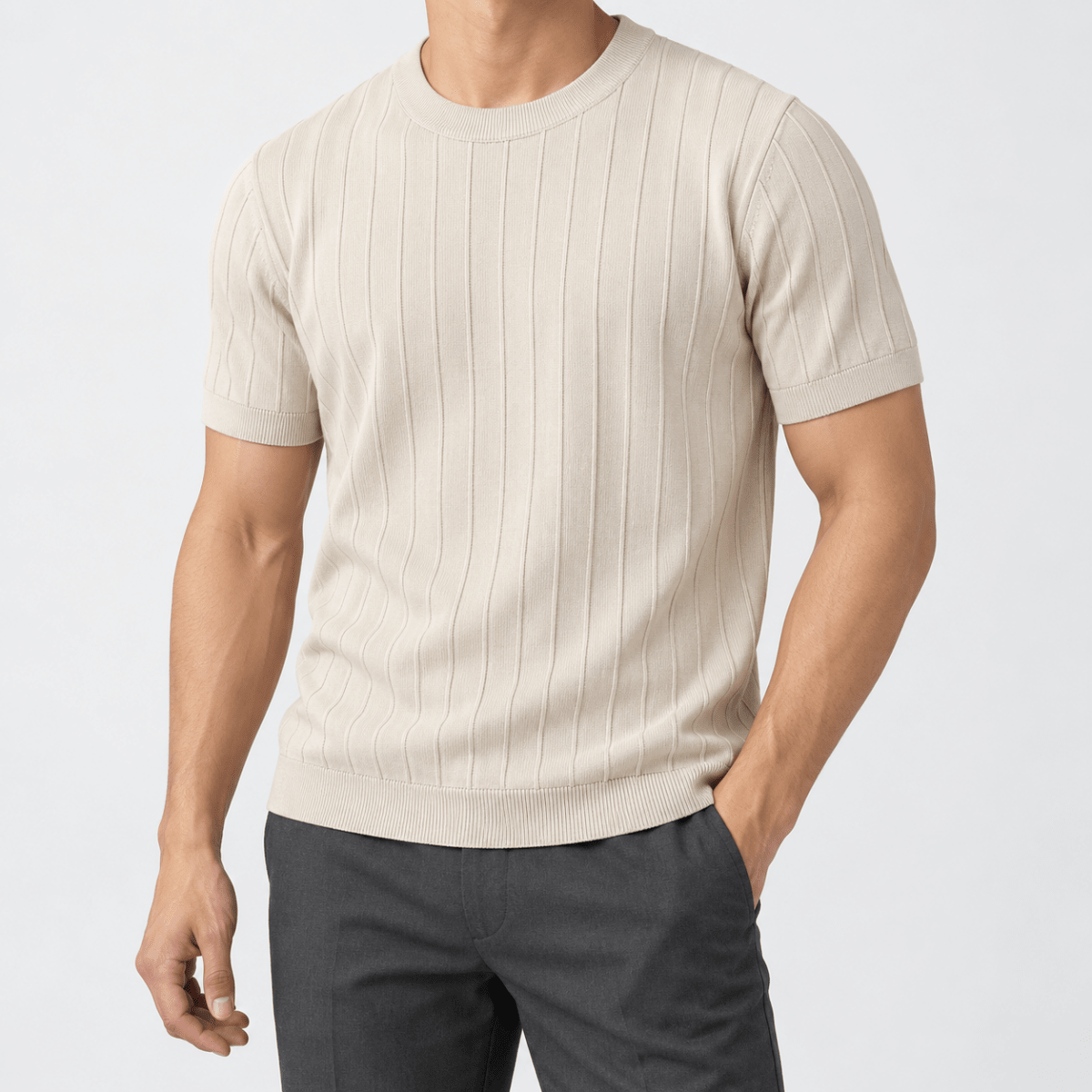 Leo business striped design t-shirt - AntoniosClothing - Khaki