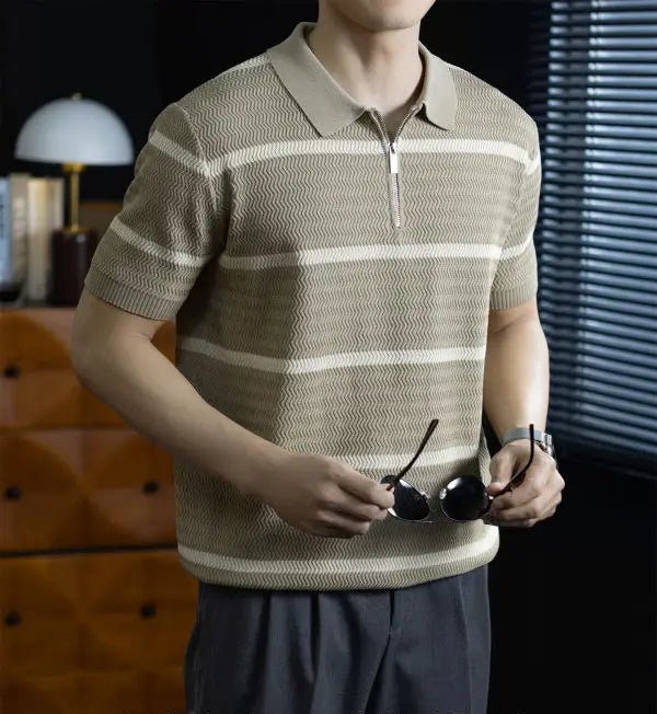 Leo striped casual polo t-shirt with zipper - Antonios