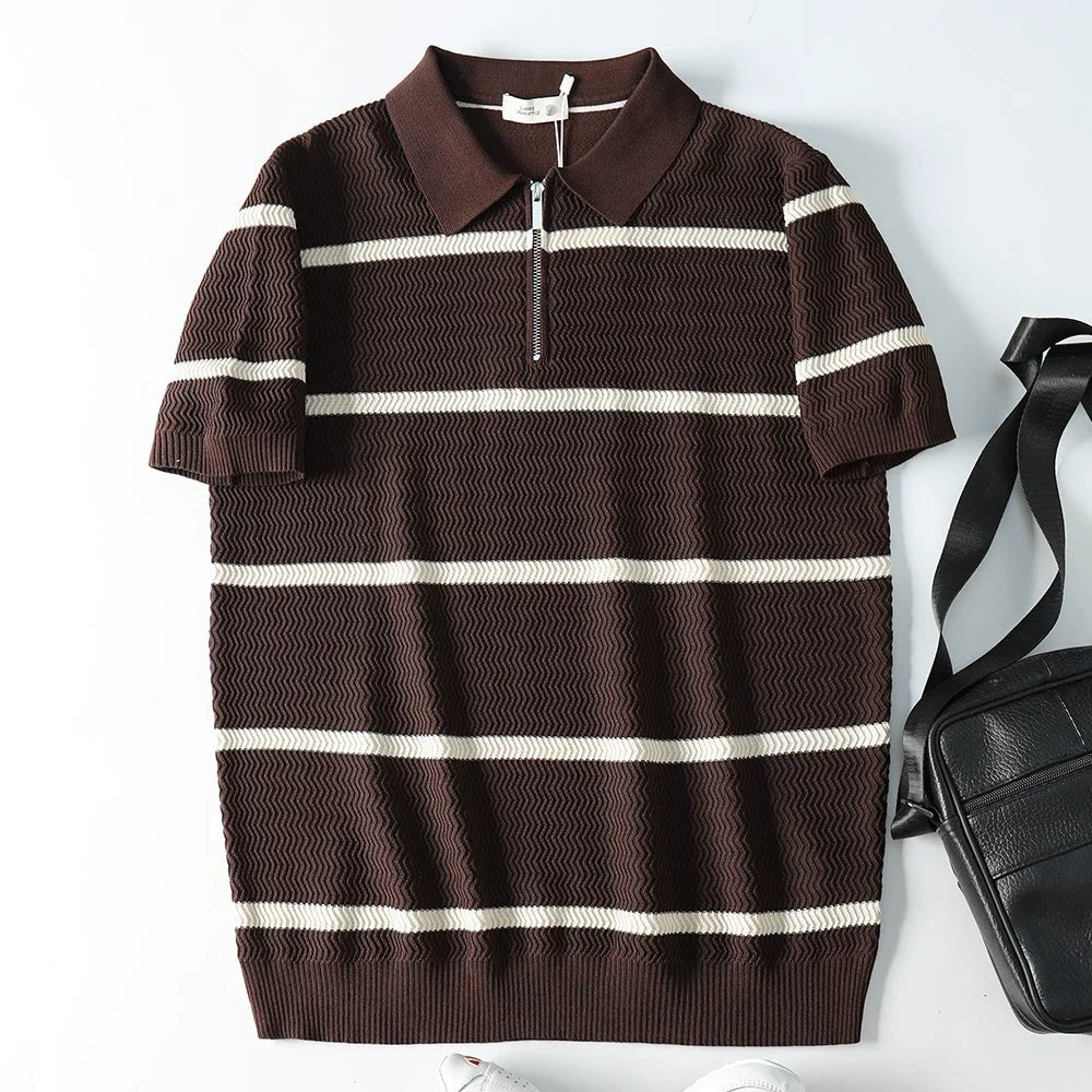 Leo striped casual polo t-shirt with zipper - Antonios