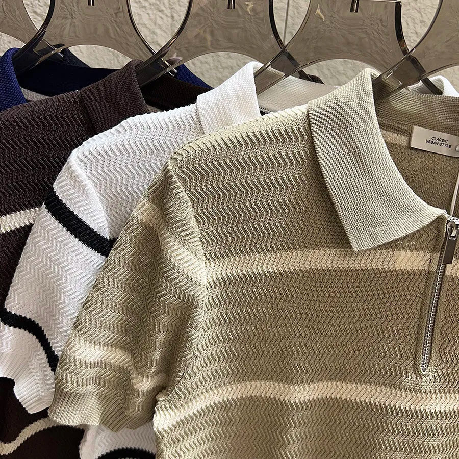 Leo striped casual polo t-shirt with zipper - Antonios