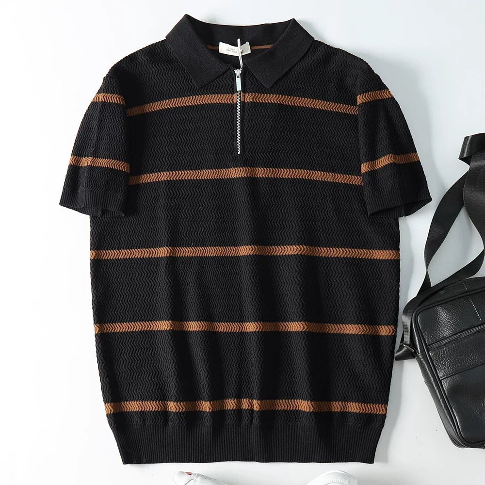 Leo striped casual polo t-shirt with zipper - Antonios
