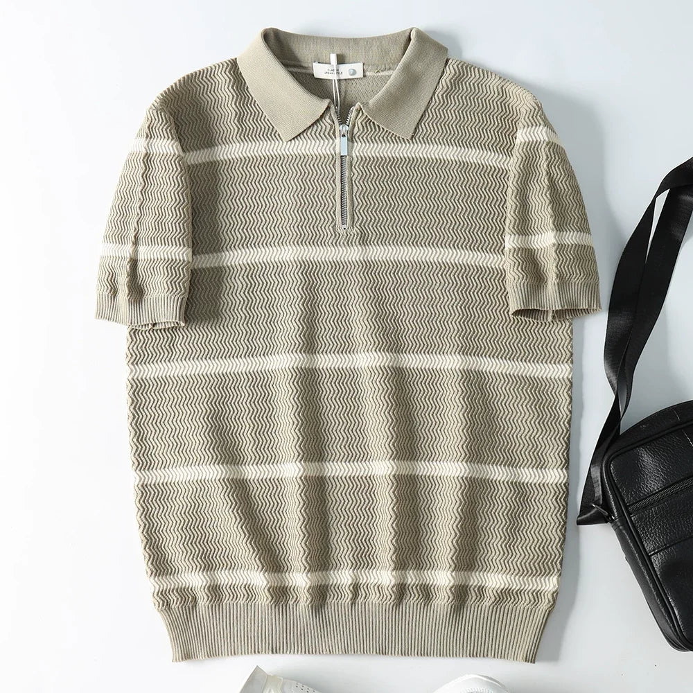 Leo striped casual polo t-shirt with zipper - Antonios