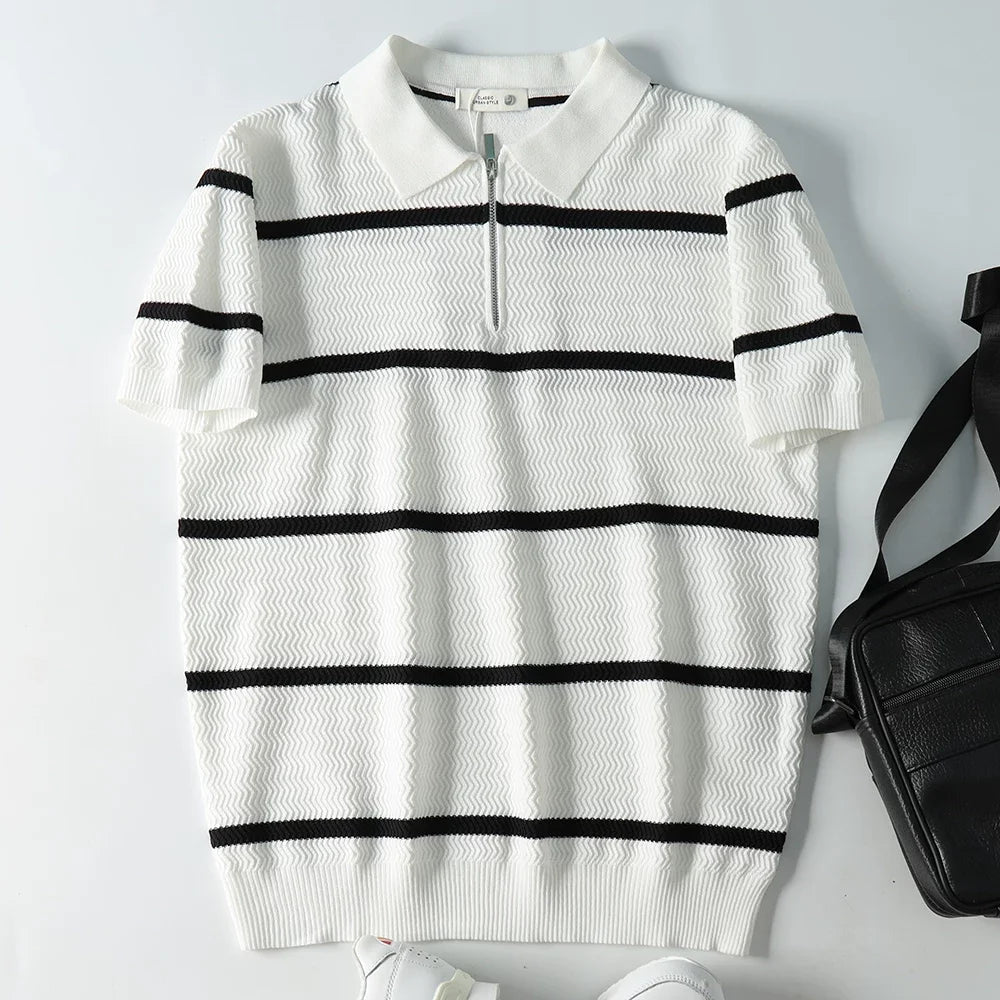 Leo striped casual polo t-shirt with zipper - Antonios