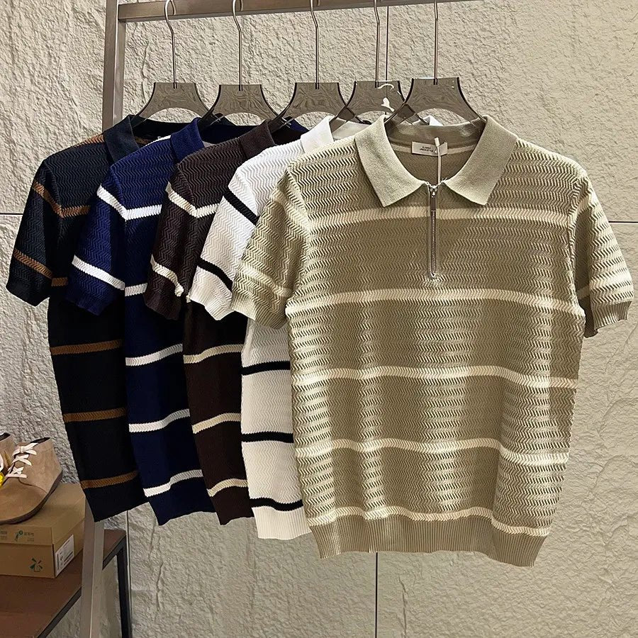 Leo striped casual polo t-shirt with zipper - Antonios