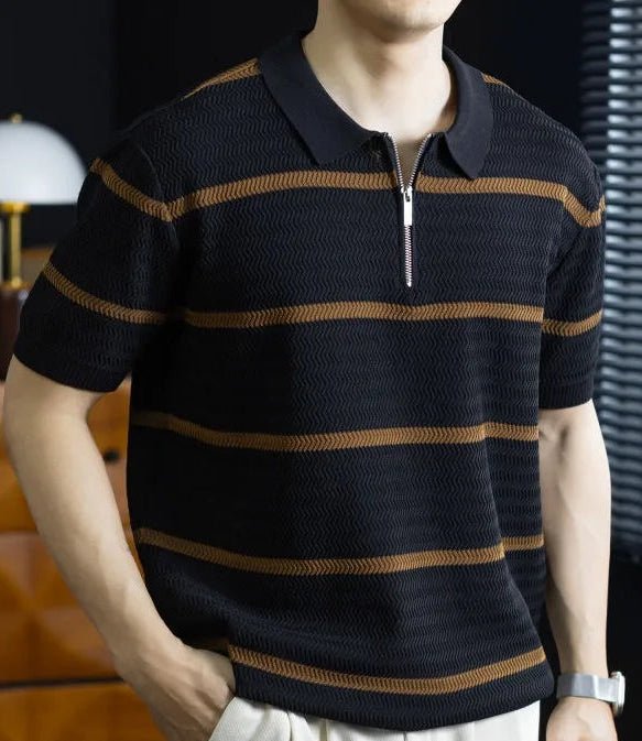 Leo striped casual polo t-shirt with zipper - Antonios